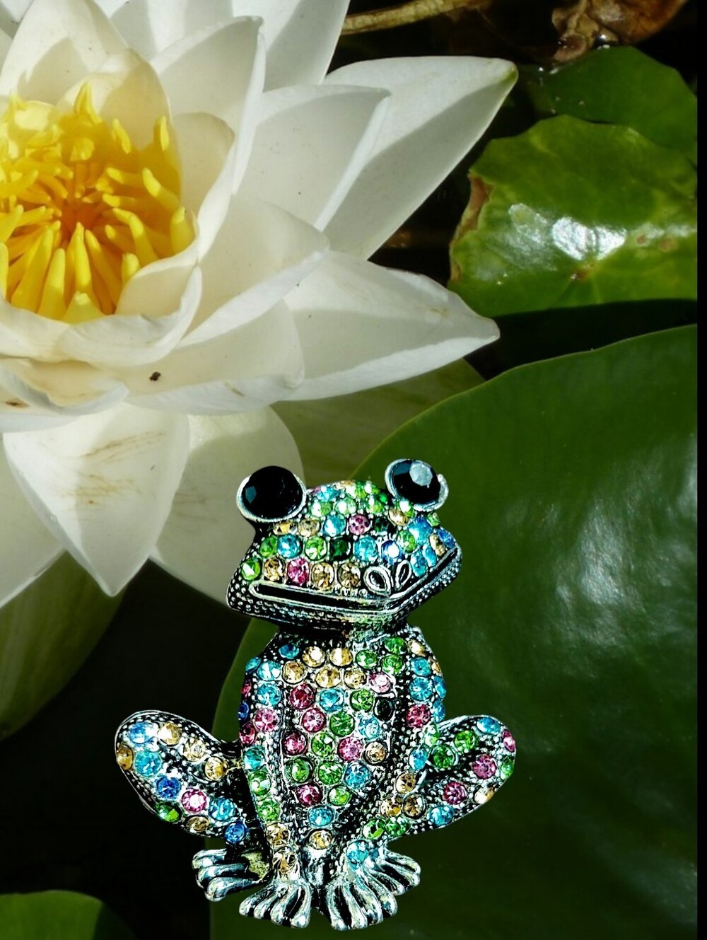 Multi-color Rhinestone Frog Brooch